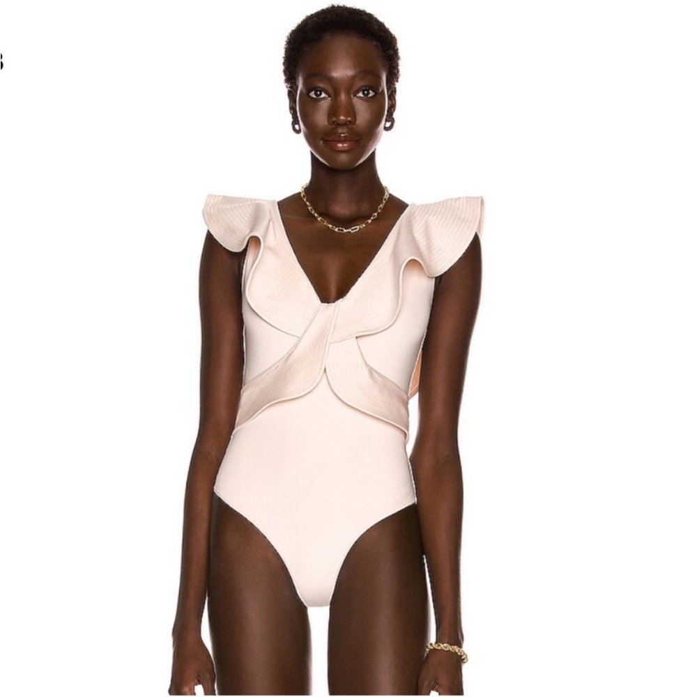 NWOT Johanna Ortiz Pink/Cream Ruffle Swimsuit